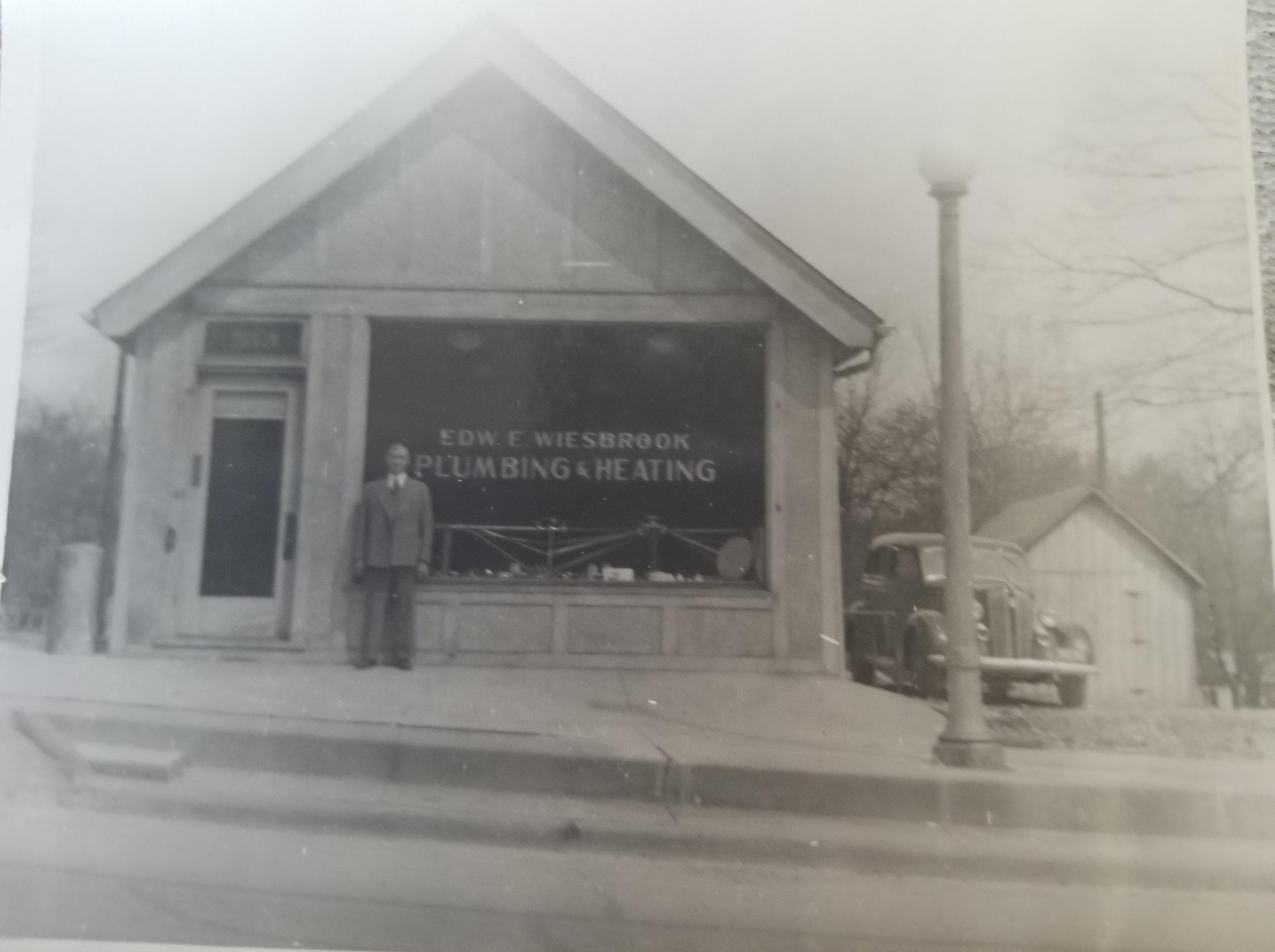 Historic storefront of Wiesbrook Plumbing during the Al Capone era